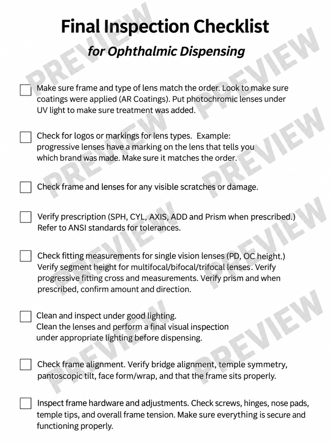 Final Inspection Checklist - For Ophthalmic Dispensing